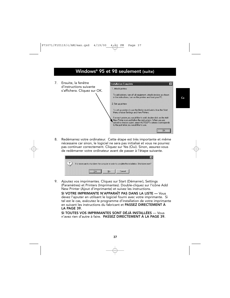 Windows, 95 et 98 seulement | Belkin F1U119 User Manual | Page 41 / 108