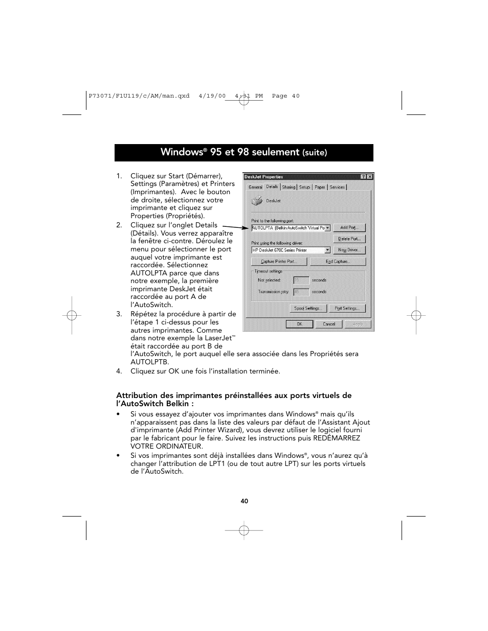 Windows, 95 et 98 seulement, Suite) | Belkin F1U119 User Manual | Page 44 / 108