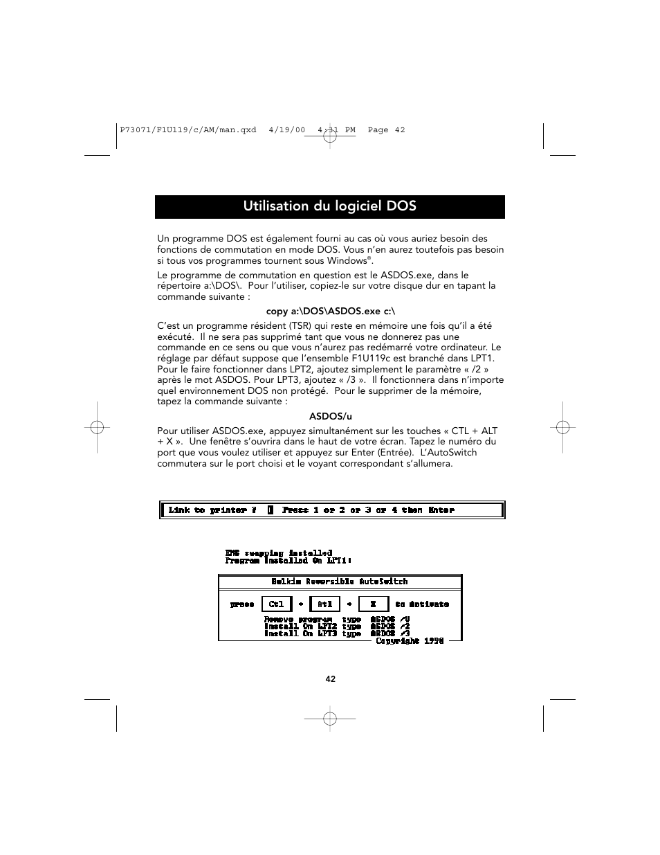 Utilisation du logiciel dos | Belkin F1U119 User Manual | Page 46 / 108