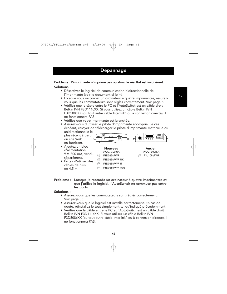 Dépannage | Belkin F1U119 User Manual | Page 47 / 108