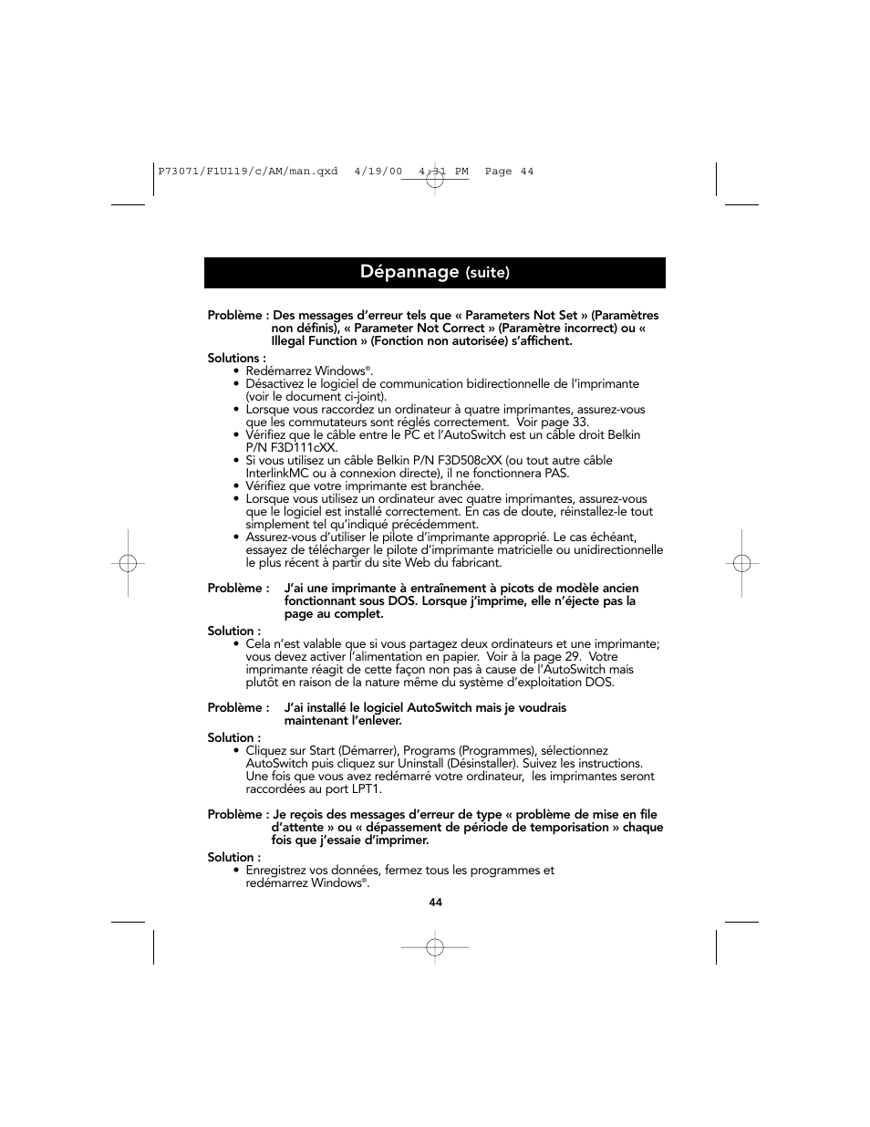 Dépannage | Belkin F1U119 User Manual | Page 48 / 108