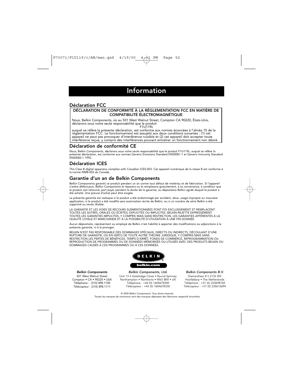 Information, Déclaration fcc, Déclaration de conformité ce | Déclaration ices, Garantie d’un an de belkin components | Belkin F1U119 User Manual | Page 56 / 108