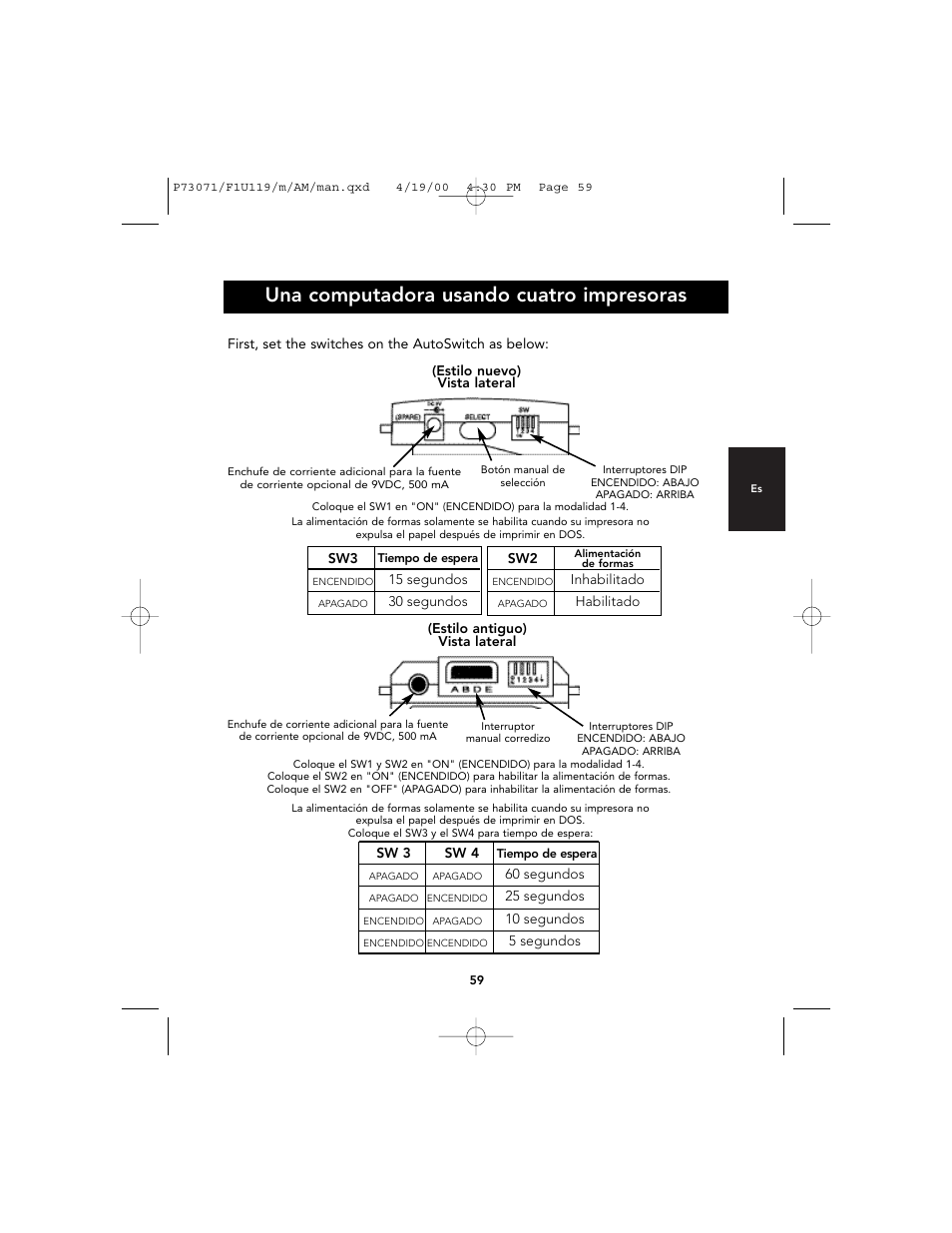 Una computadora usando cuatro impresoras | Belkin F1U119 User Manual | Page 63 / 108