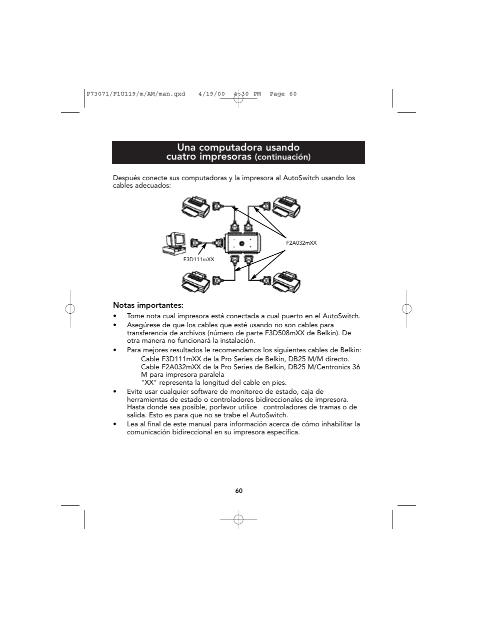 Una computadora usando cuatro impresoras | Belkin F1U119 User Manual | Page 64 / 108