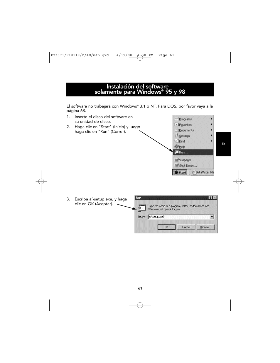 Instalación del software – solamente para windows, 95 y 98 | Belkin F1U119 User Manual | Page 65 / 108