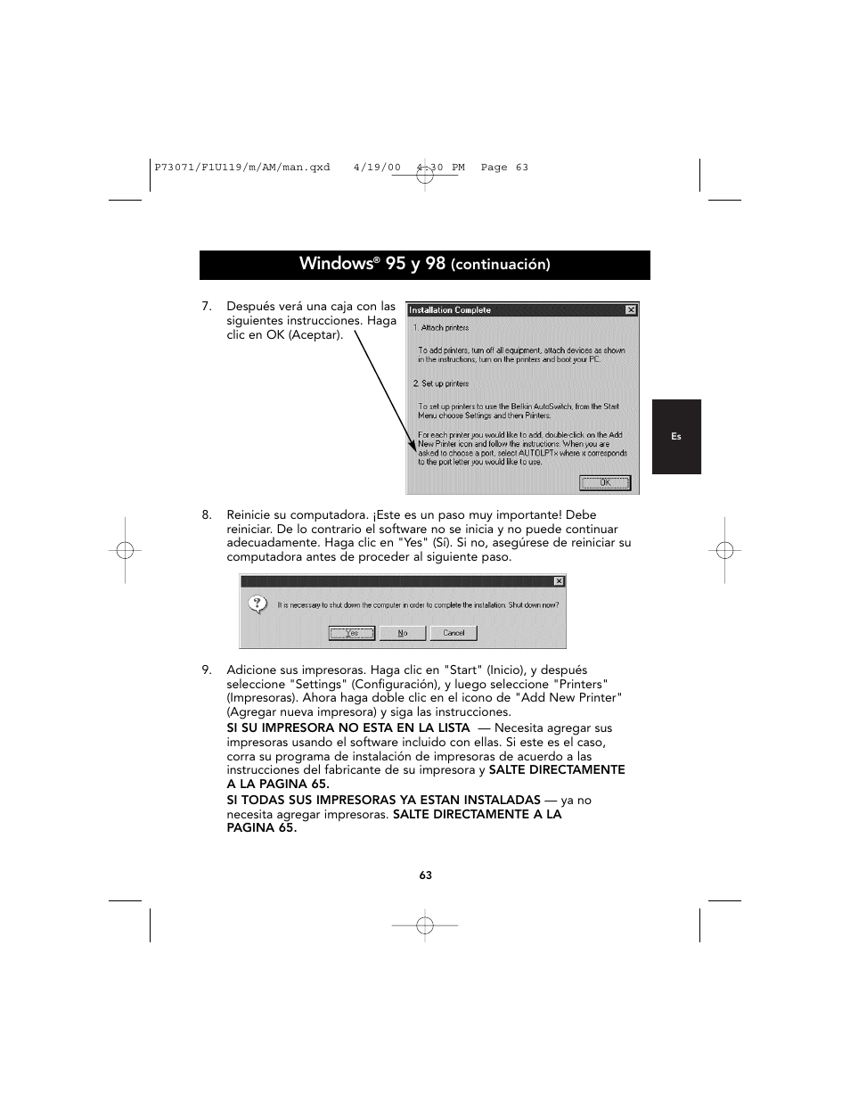 Windows, 95 y 98 | Belkin F1U119 User Manual | Page 67 / 108