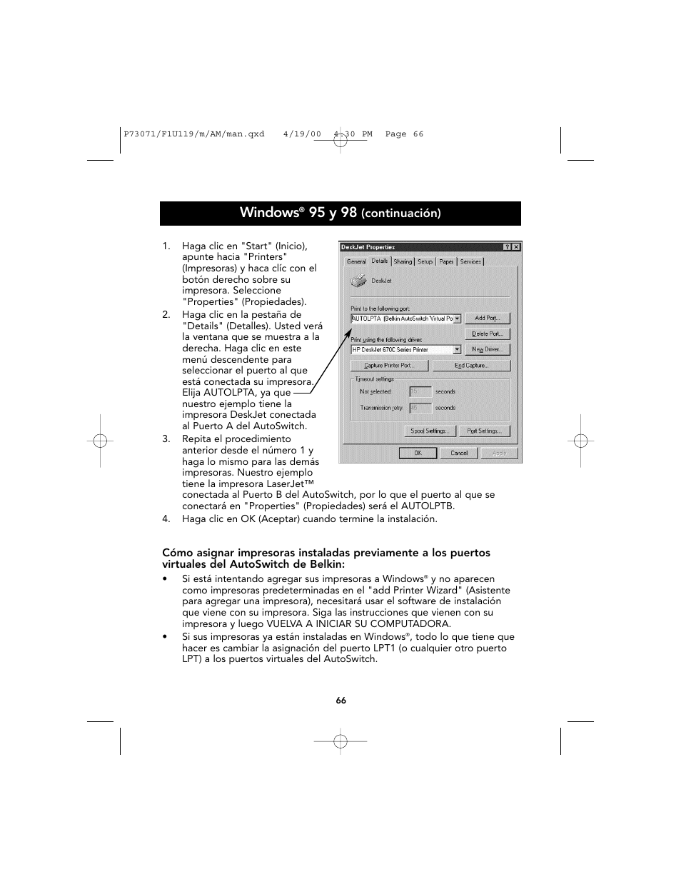 Windows, 95 y 98 | Belkin F1U119 User Manual | Page 70 / 108