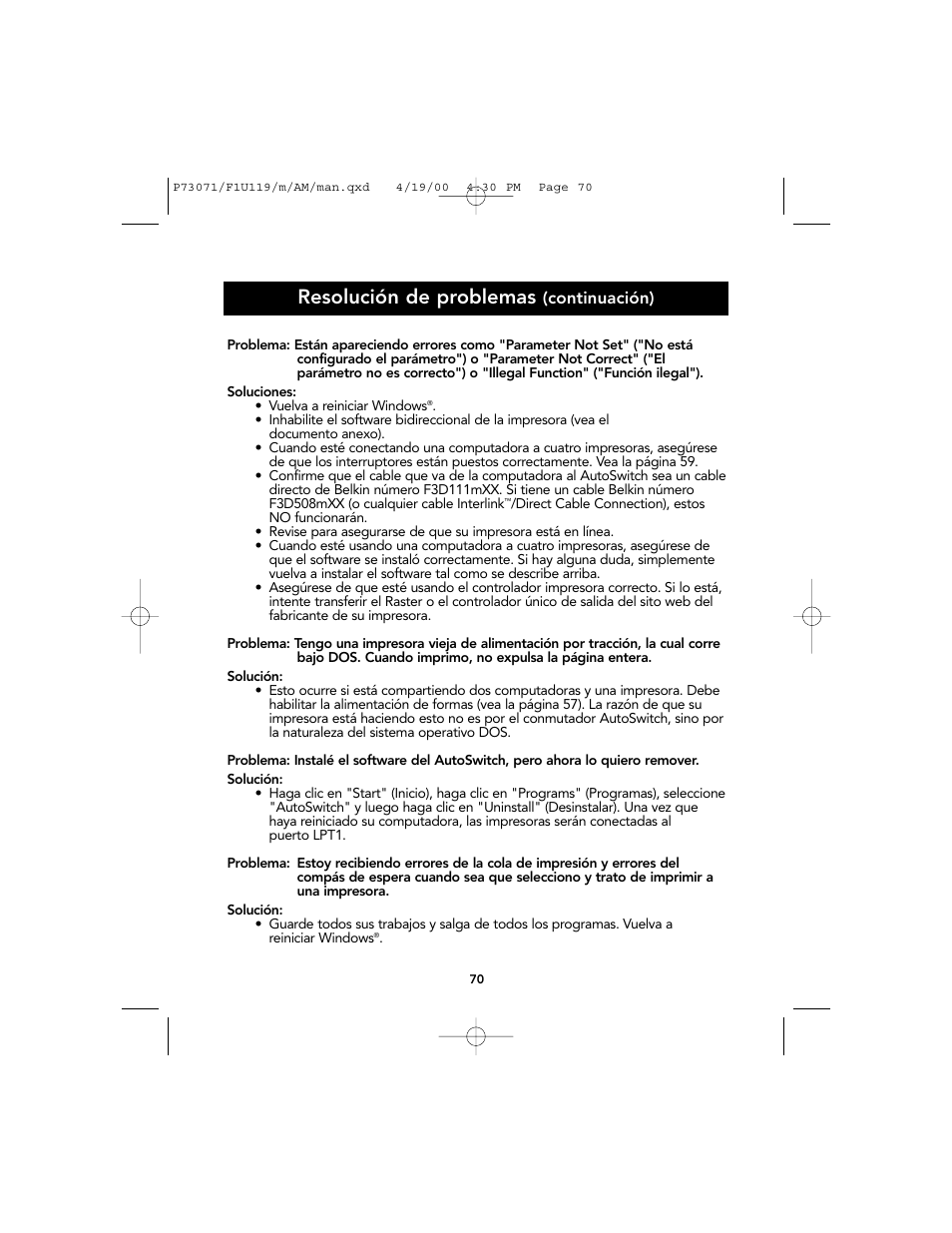 Resolución de problemas | Belkin F1U119 User Manual | Page 74 / 108