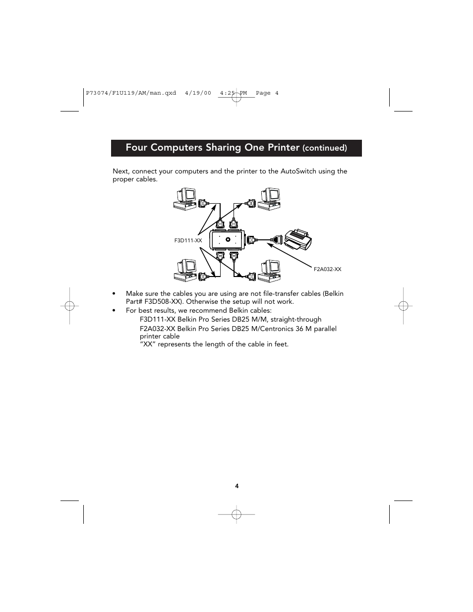 Four computers sharing one printer | Belkin F1U119 User Manual | Page 8 / 108