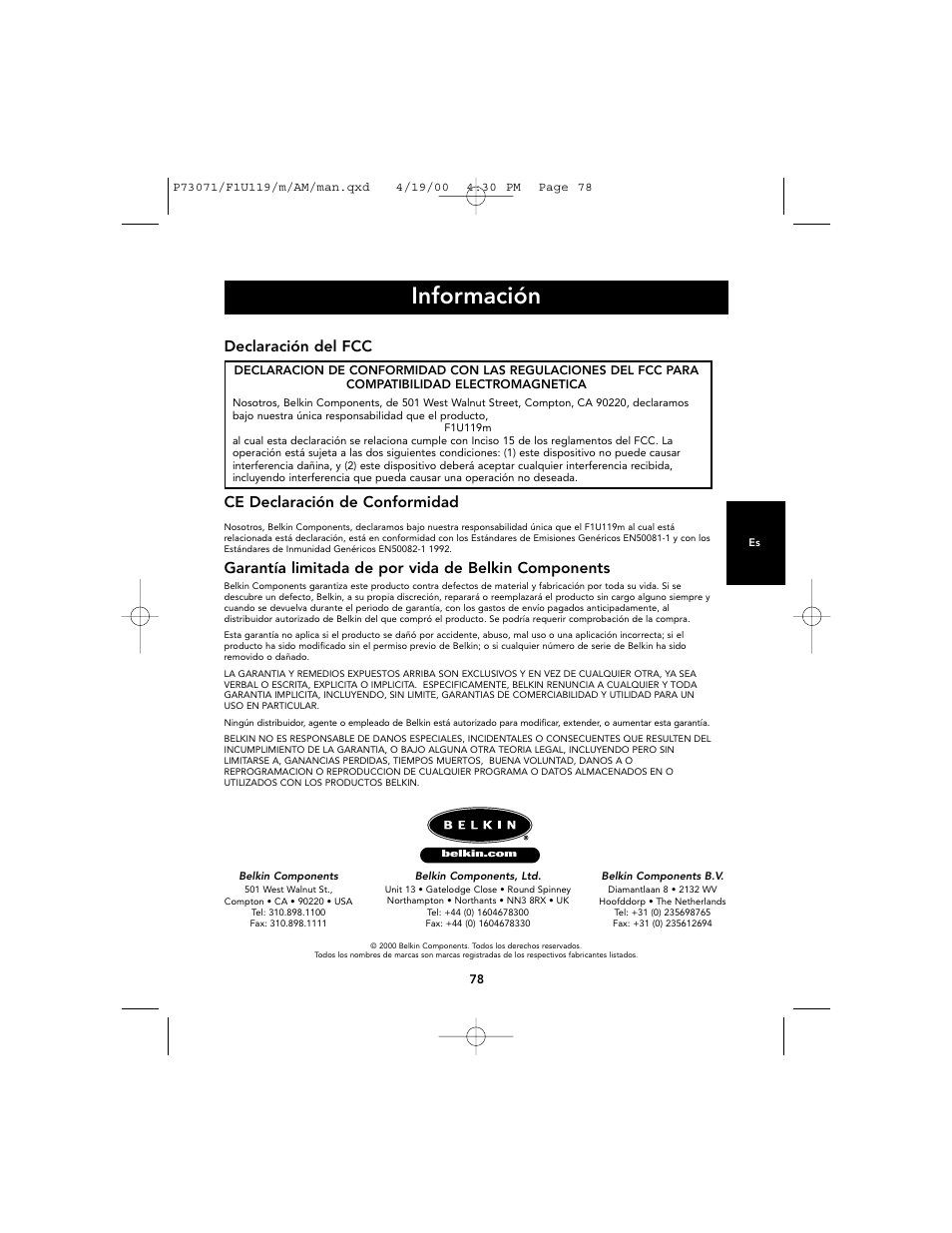 Información, Declaración del fcc, Ce declaración de conformidad | Garantía limitada de por vida de belkin components | Belkin F1U119 User Manual | Page 82 / 108