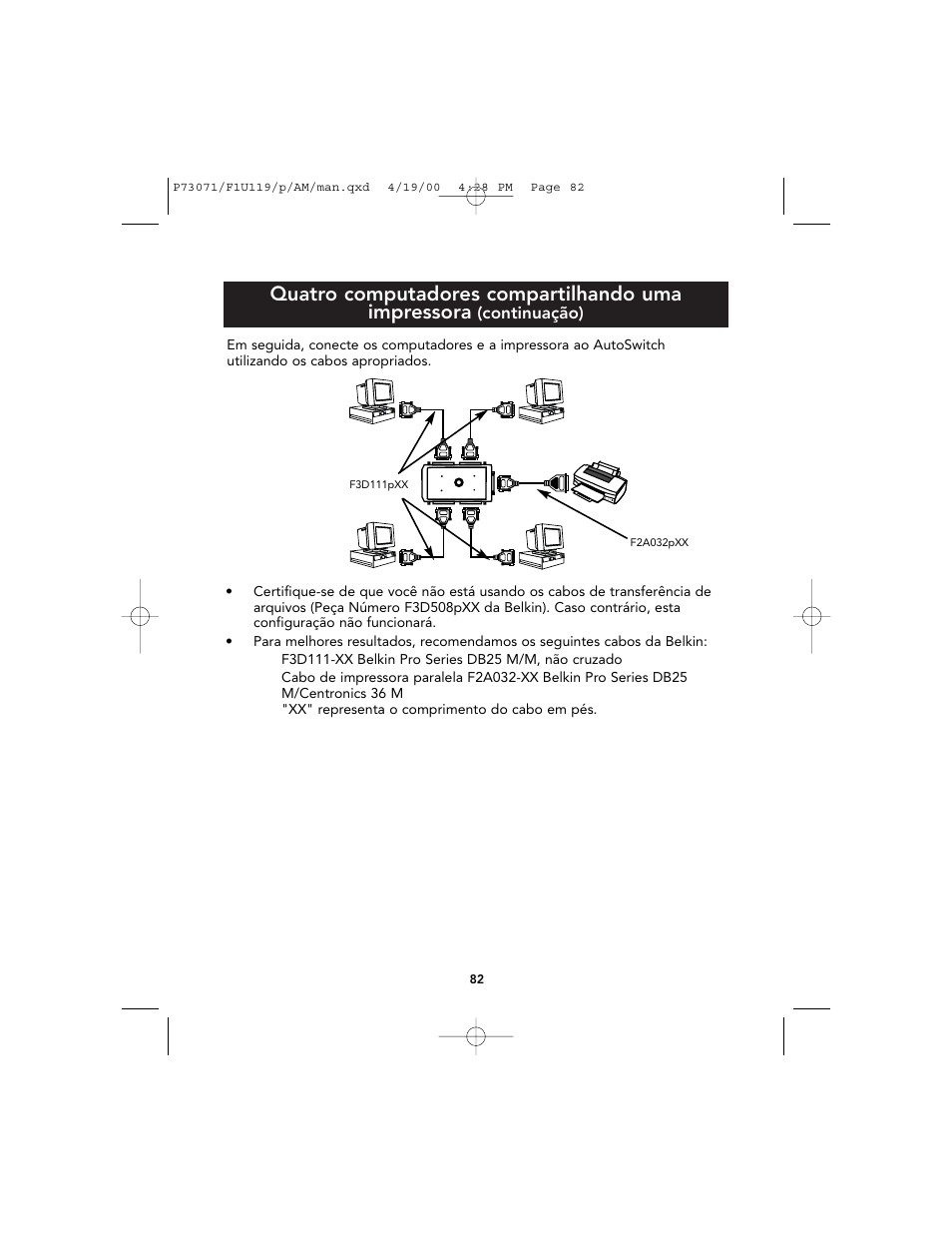 Quatro computadores compartilhando uma impressora | Belkin F1U119 User Manual | Page 86 / 108