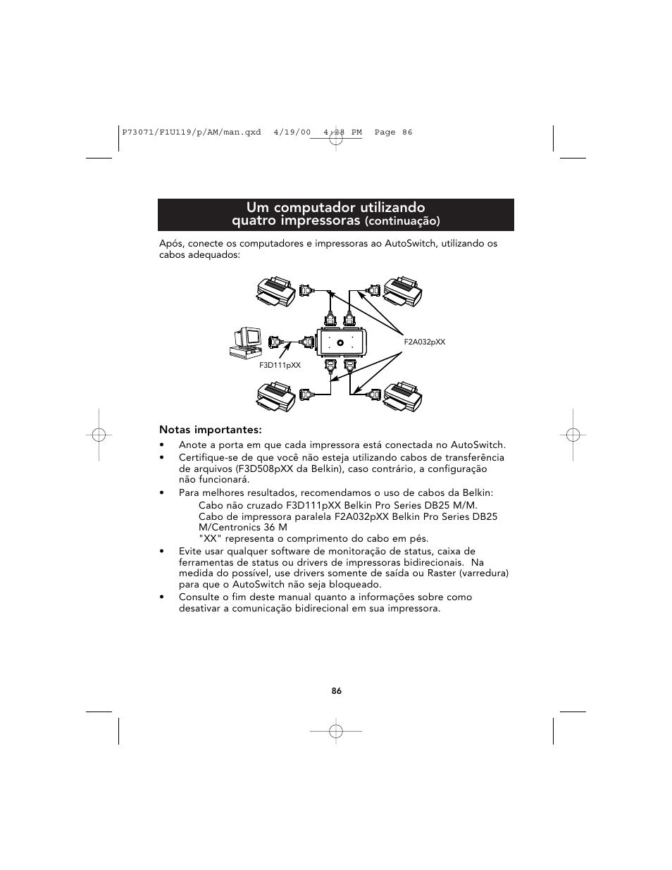 Um computador utilizando quatro impressoras | Belkin F1U119 User Manual | Page 90 / 108