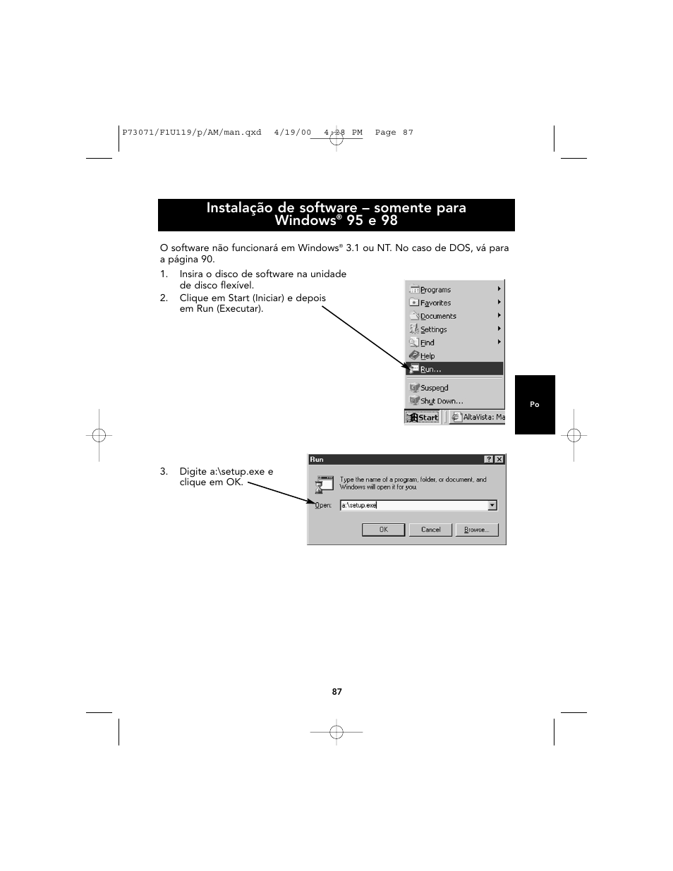 Instalação de software – somente para windows, 95 e 98 | Belkin F1U119 User Manual | Page 91 / 108