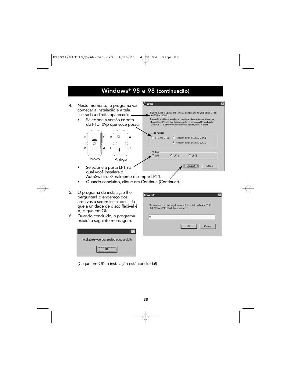 Windows, 95 e 98, Continuação) | Belkin F1U119 User Manual | Page 92 / 108