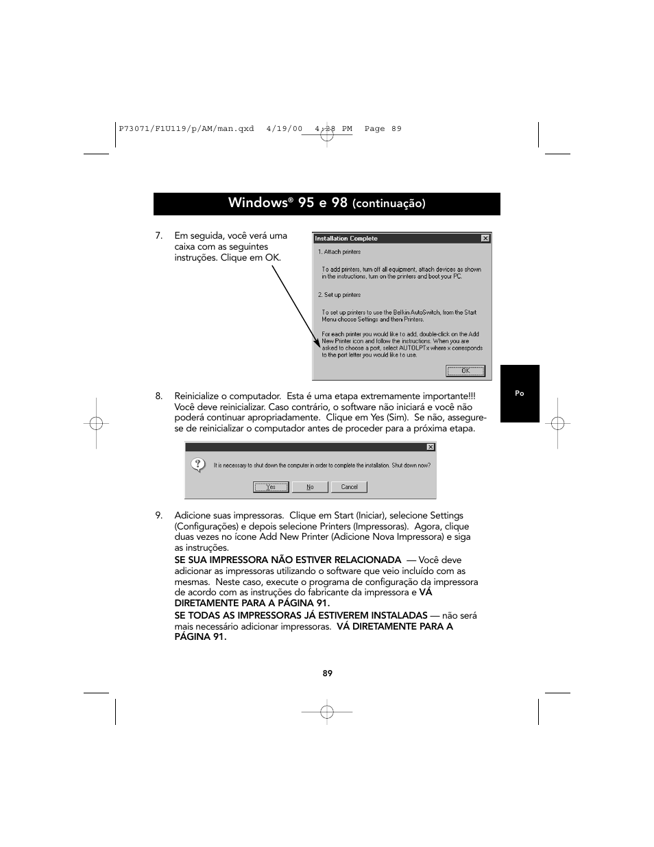 Windows, 95 e 98 | Belkin F1U119 User Manual | Page 93 / 108