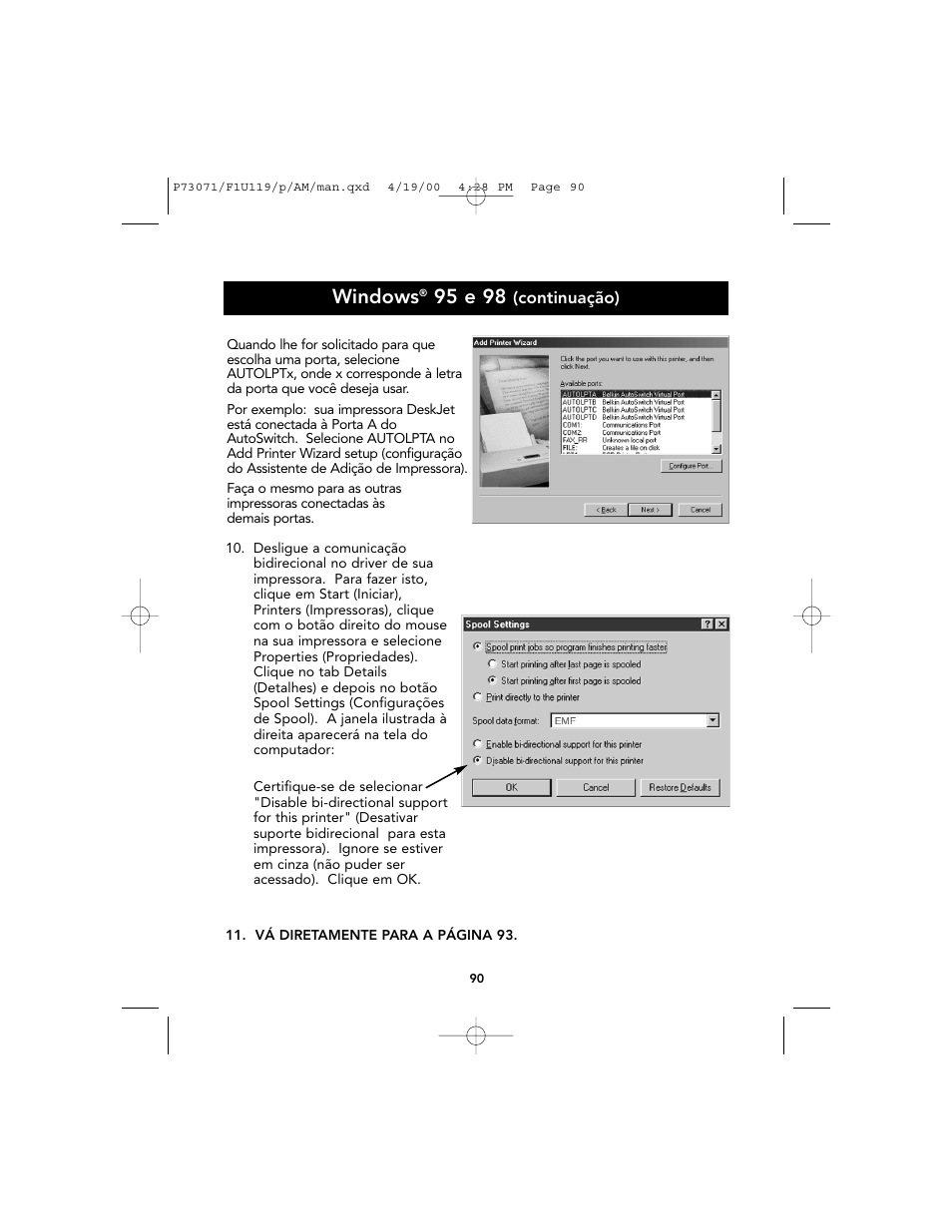 Windows, 95 e 98 | Belkin F1U119 User Manual | Page 94 / 108