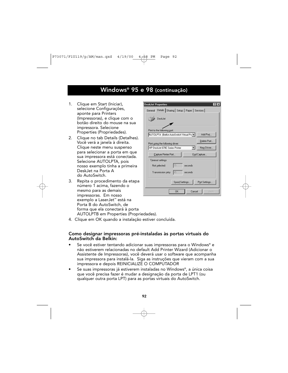 Windows, 95 e 98, Continuação) | Belkin F1U119 User Manual | Page 96 / 108