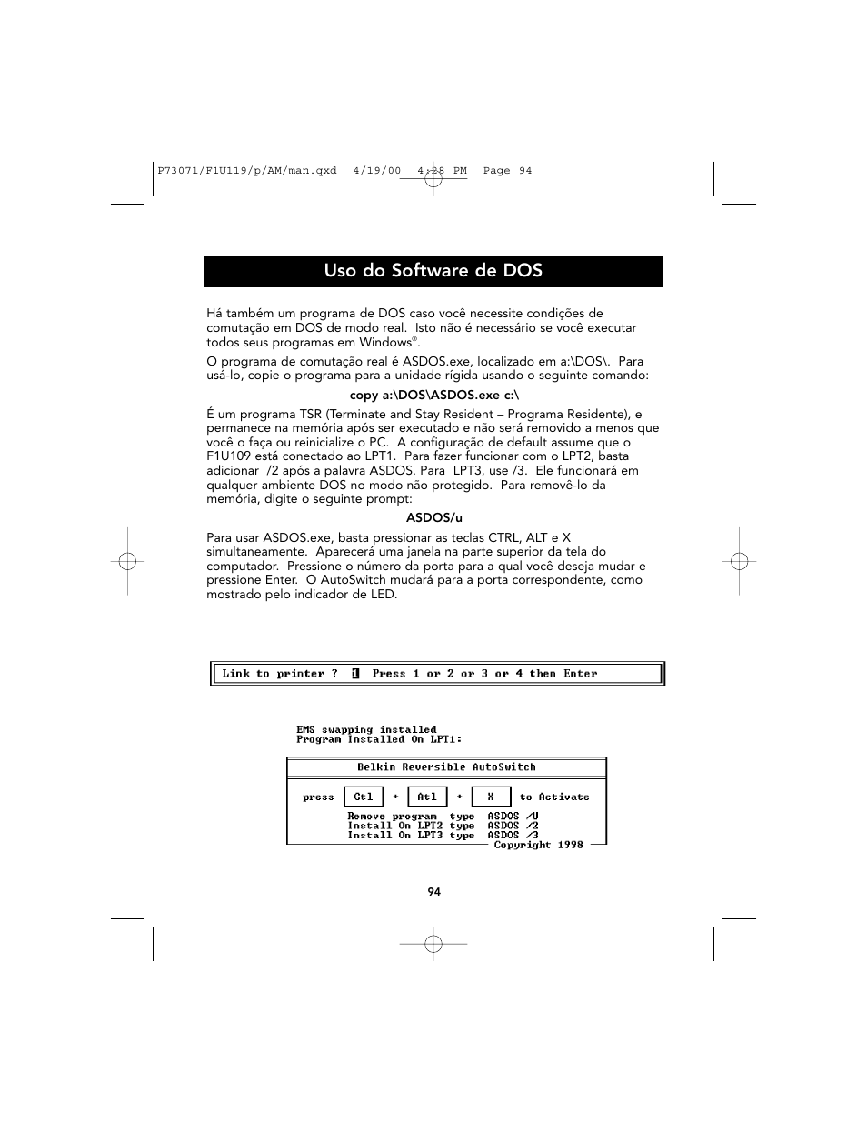 Uso do software de dos | Belkin F1U119 User Manual | Page 98 / 108