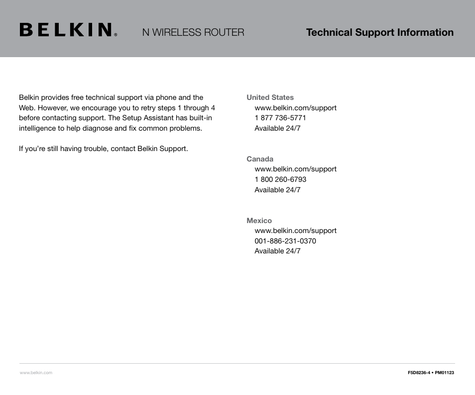 N wireless router technical support information | Belkin F5D8236-4 PM01123 User Manual | Page 2 / 2