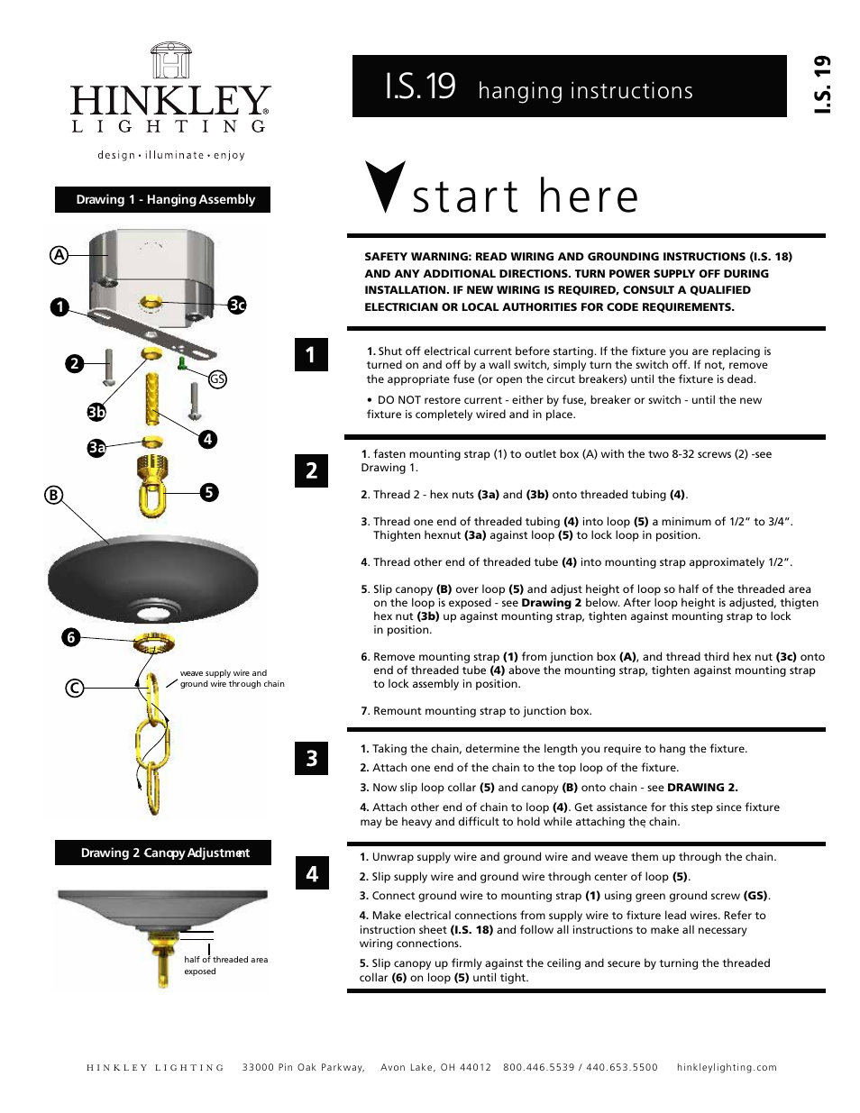 Star t here, I.s.19, Hanging instructions i.s. 19 | Hinkley Lighting THISTLEDOWN 4505VZ User Manual | Page 2 / 3