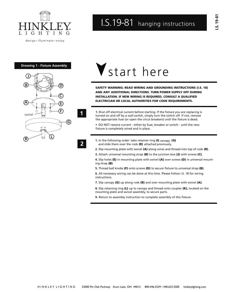 Start here, I.s.19-81, Hanging instructions | Hinkley Lighting MONACO 4856BC User Manual | Page 2 / 3