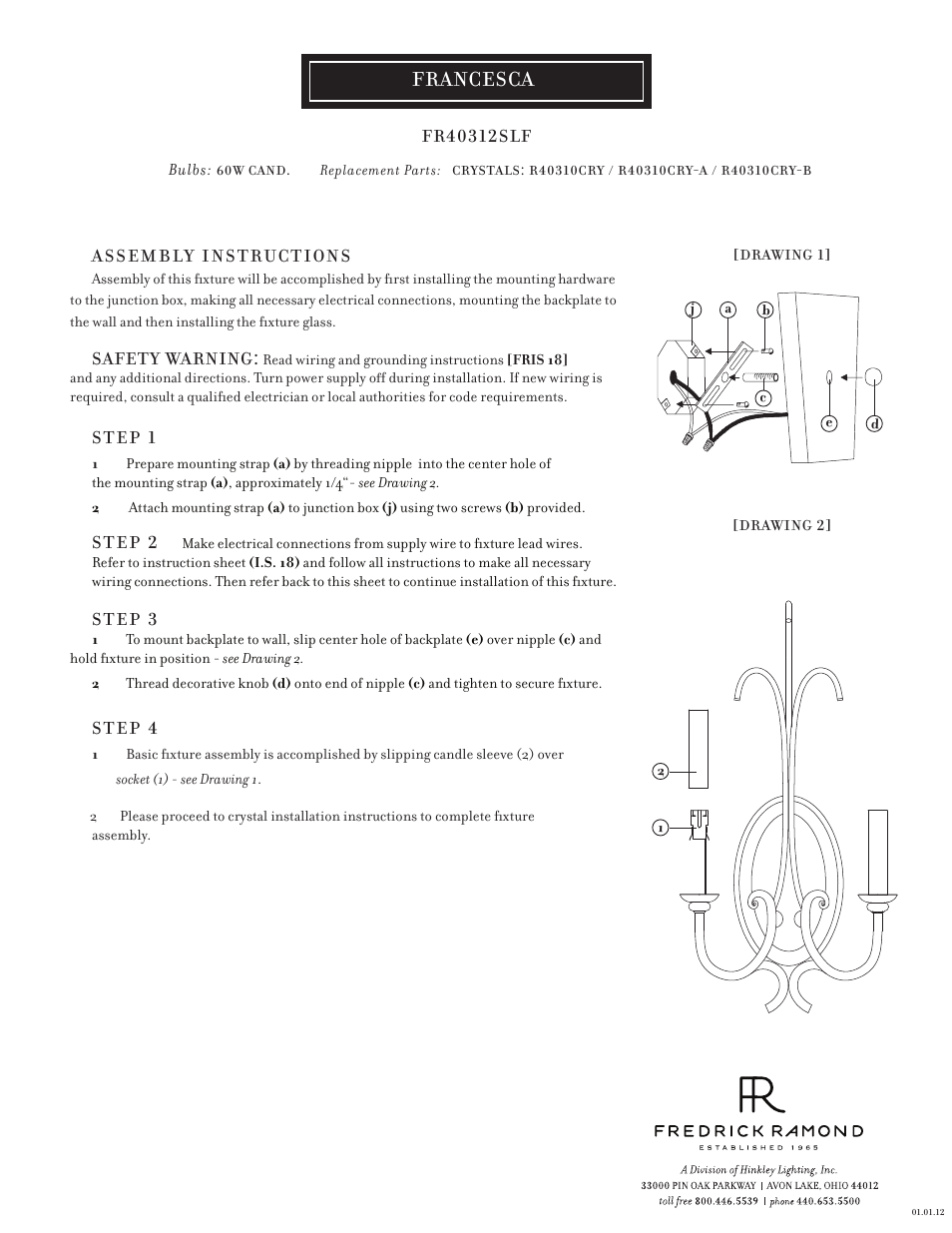 Hinkley Lighting FRANCESCA FR40312SLF User Manual | 1 page