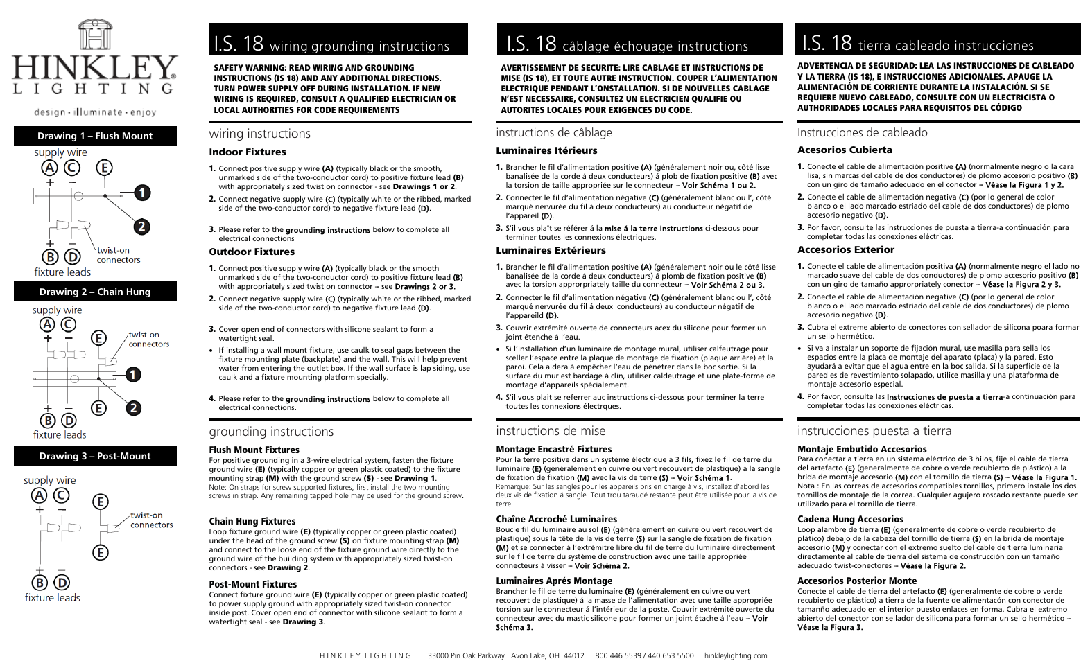 I.s. 18, Wiring grounding instructions, Wiring instructions | Grounding instructions, Câblage échouage instructions, Instructions de mise, Tierra cableado instrucciones, Instrucciones puesta a tierra, Instructions de câblage, Instrucciones de cableado | Hinkley Lighting HENDRICK 4338CM User Manual | Page 3 / 3