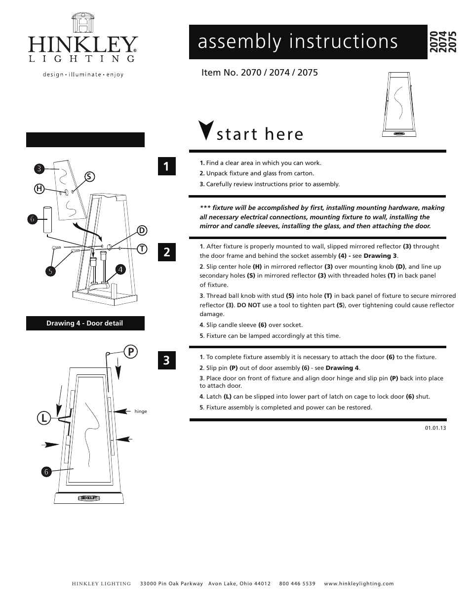 Assembly instructions, Star t here | Hinkley Lighting VALLEY FORGE 2075 User Manual | Page 2 / 4