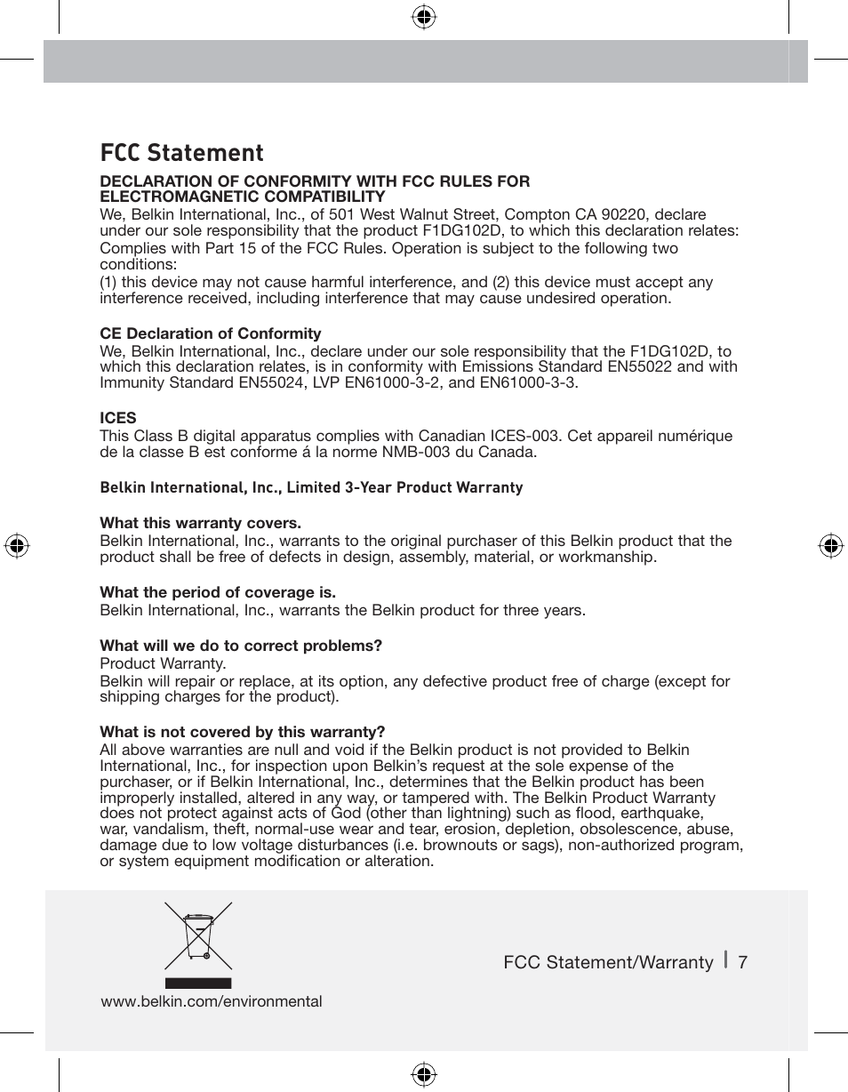 Fcc statement | Belkin Switch 2 DVI-D F1DG 102Duk User Manual | Page 8 / 10