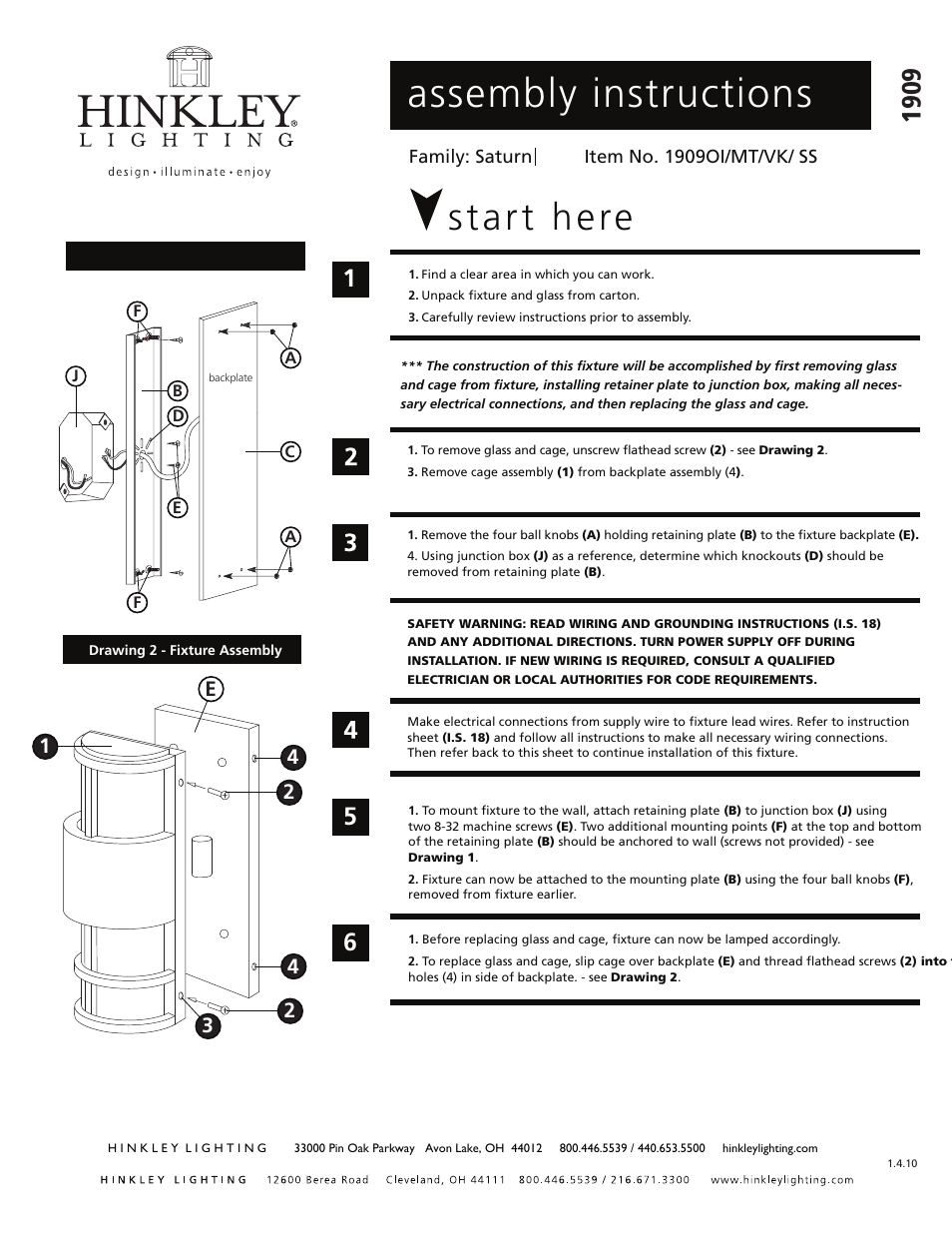Hinkley Lighting SATURN 1909 User Manual | 3 pages