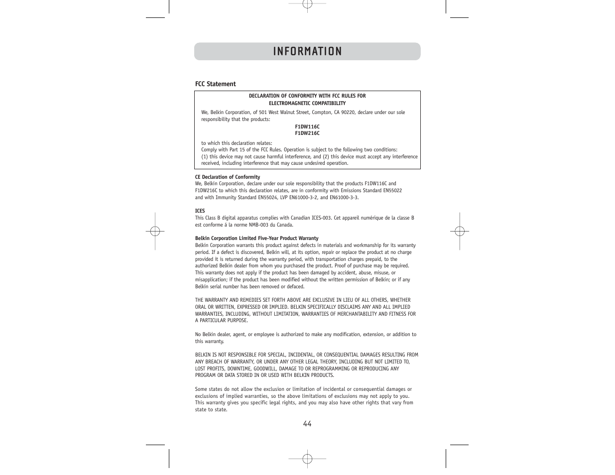 Information | Belkin F1DW116C User Manual | Page 46 / 47