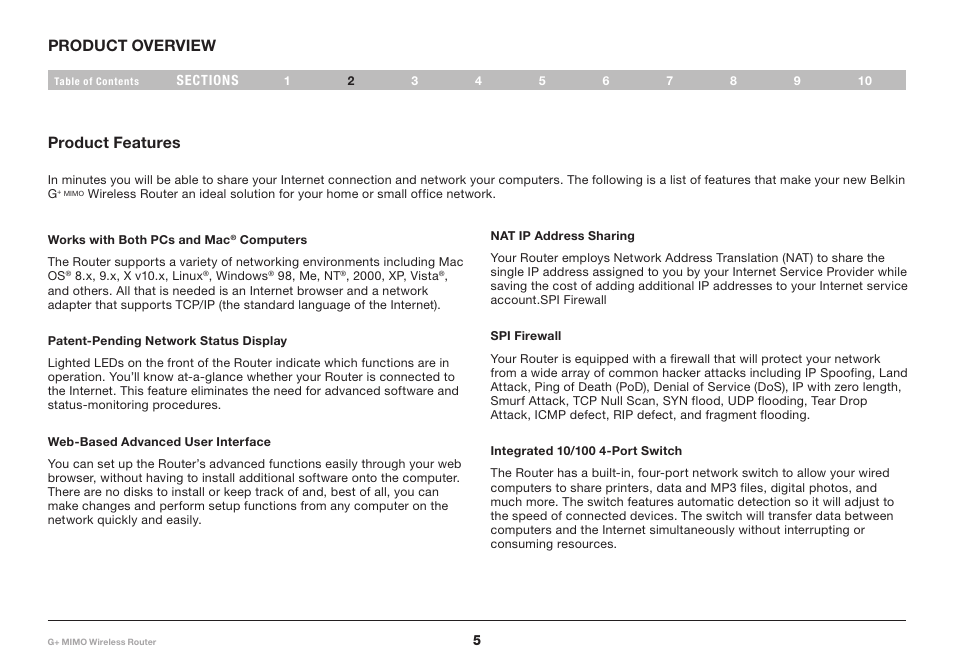 Product overview, Product features | Belkin G+ MIMO F5D9231-4 User Manual | Page 7 / 101
