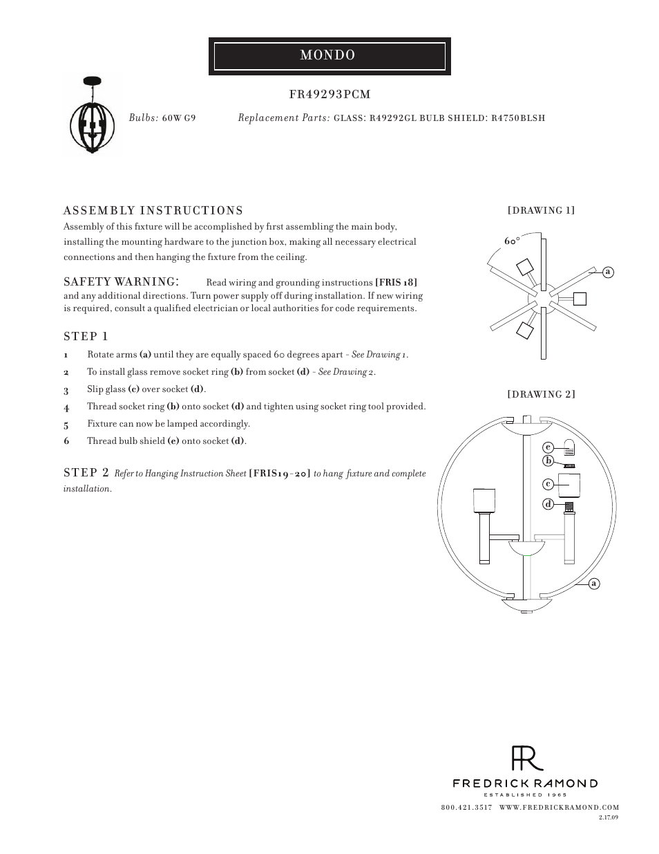 Hinkley Lighting MONDO FR49293PCM User Manual | 1 page