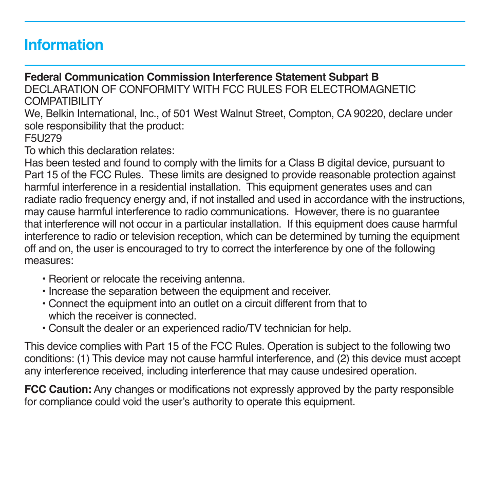 Information | Belkin Easy Transfer Cable For Windows 7 F5U279 User Manual | Page 26 / 29