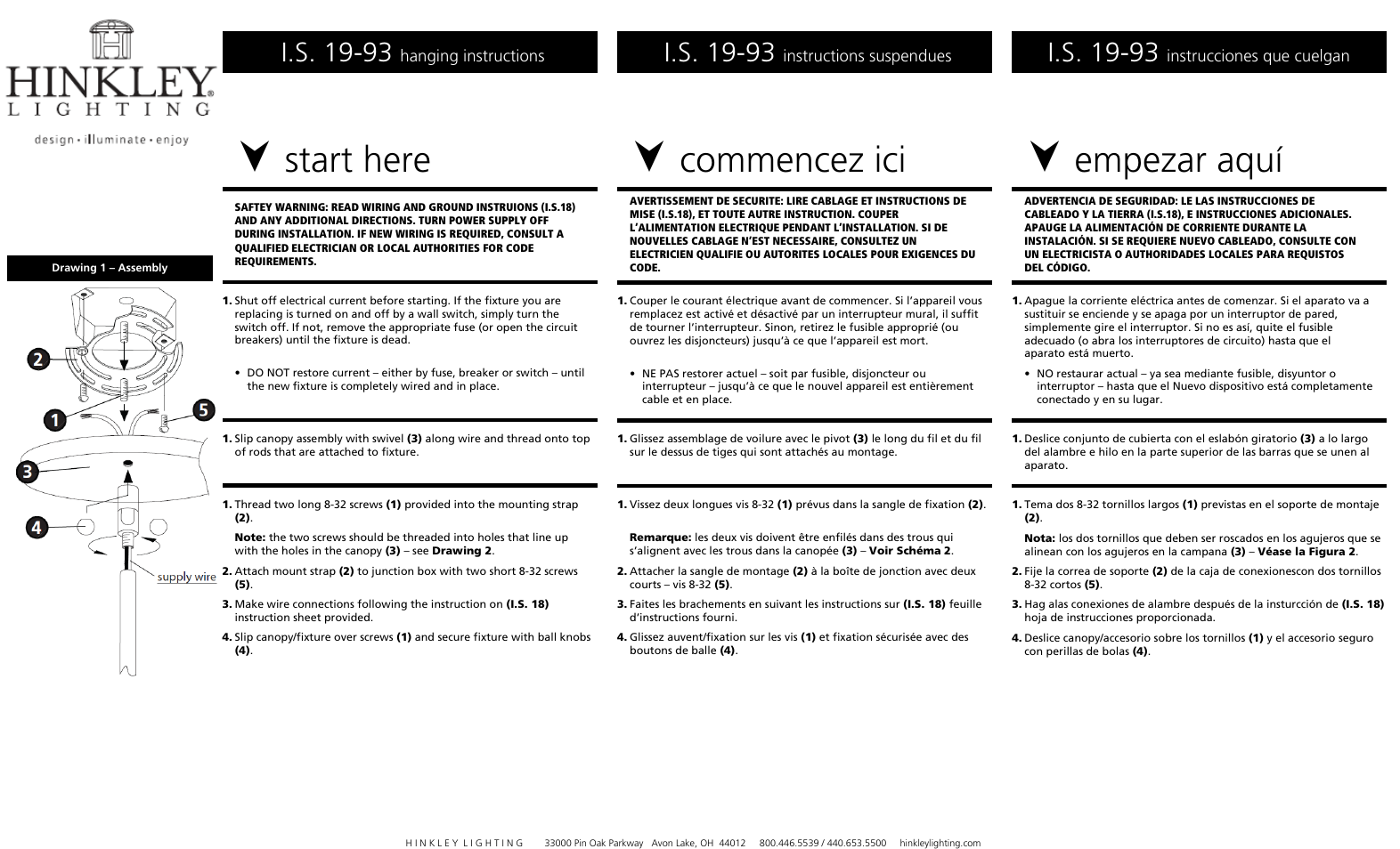Start here, Commencez ici, Empezar aquí | I.s. 19-93, Hanging instructions, Instructions suspendues, Instrucciones que cuelgan | Hinkley Lighting STELLA 3634OZ User Manual | Page 2 / 3