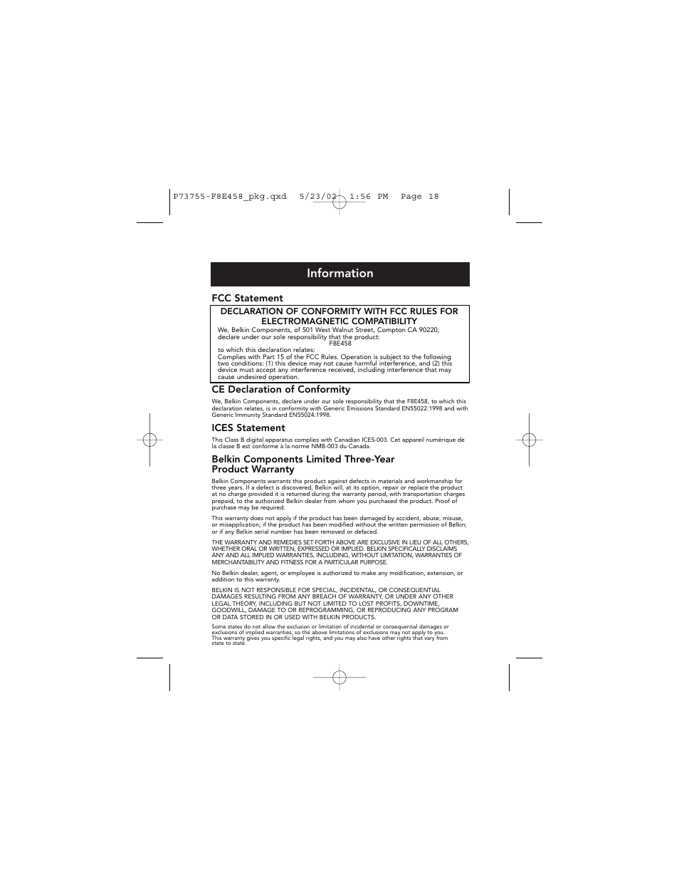 Information, Fcc statement, Ce declaration of conformity | Ices statement | Belkin PORTABLE KEYBOARD FOR PALM P73755 User Manual | Page 20 / 21