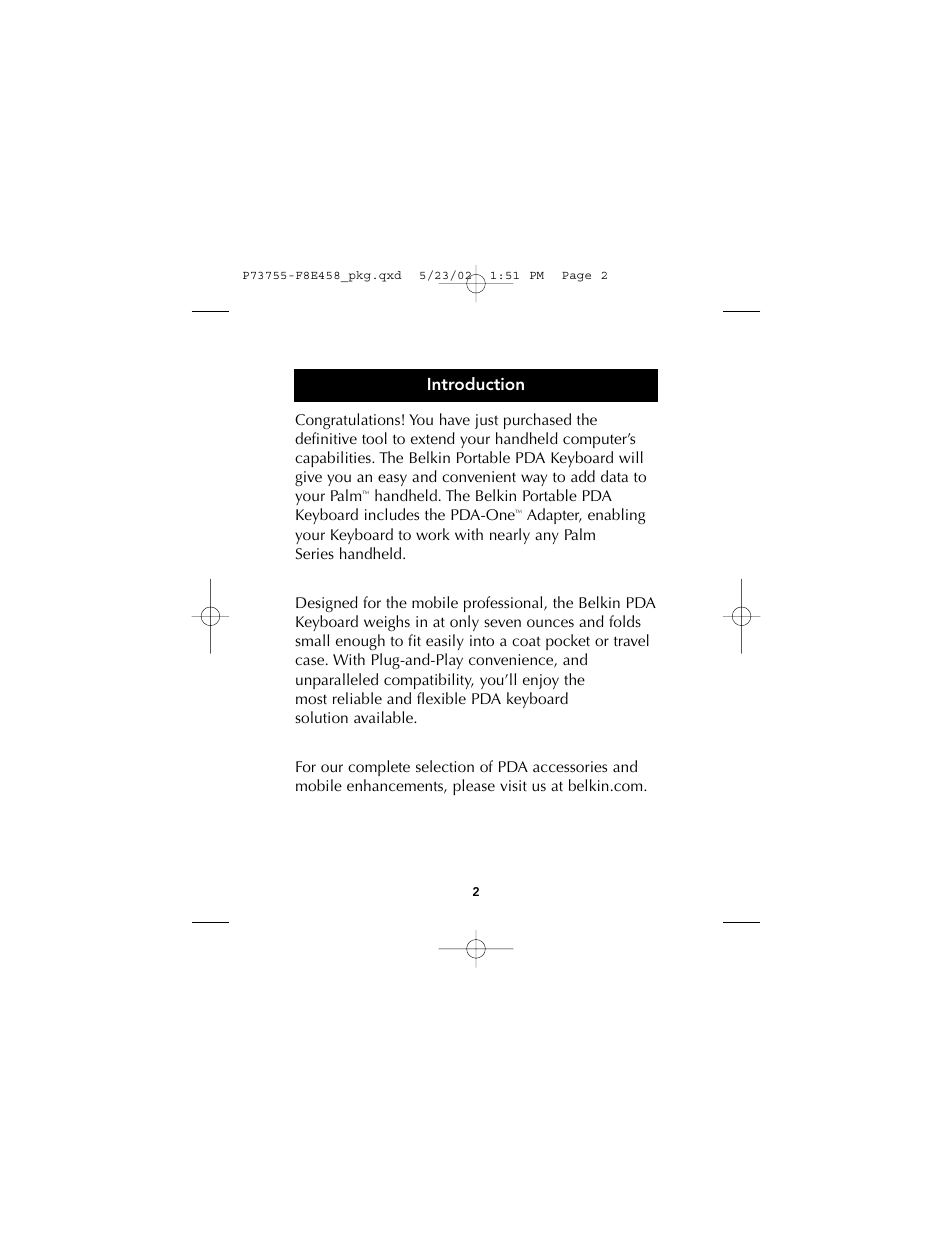 Introduction | Belkin PORTABLE KEYBOARD FOR PALM P73755 User Manual | Page 4 / 21