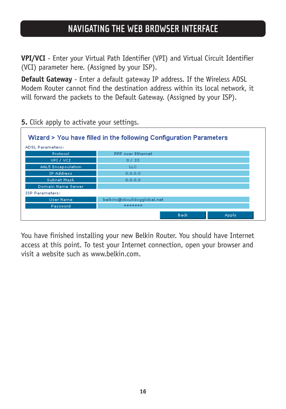 Navigating the web browser interface | Belkin F5D7630-4A User Manual | Page 18 / 68