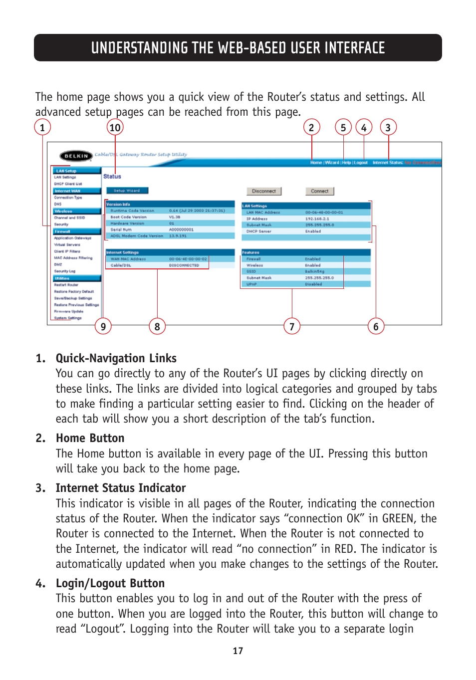 Understanding the web-based user interface | Belkin F5D7630-4A User Manual | Page 19 / 68