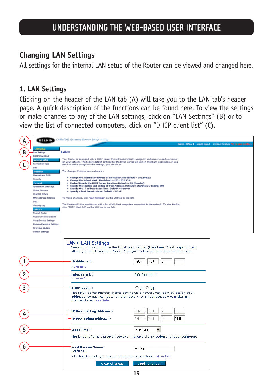 Understanding the web-based user interface, Changing lan settings | Belkin F5D7630-4A User Manual | Page 21 / 68