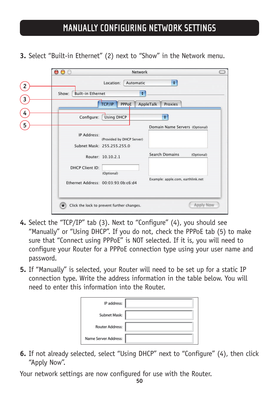 Manually configuring network settings | Belkin F5D7630-4A User Manual | Page 52 / 68