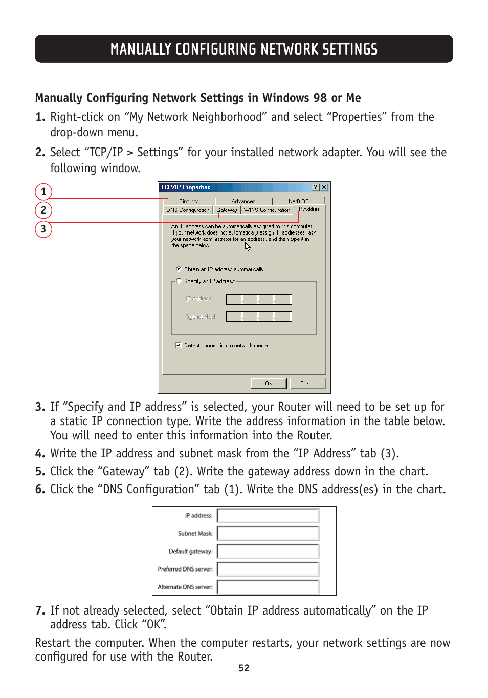 Manually configuring network settings | Belkin F5D7630-4A User Manual | Page 54 / 68