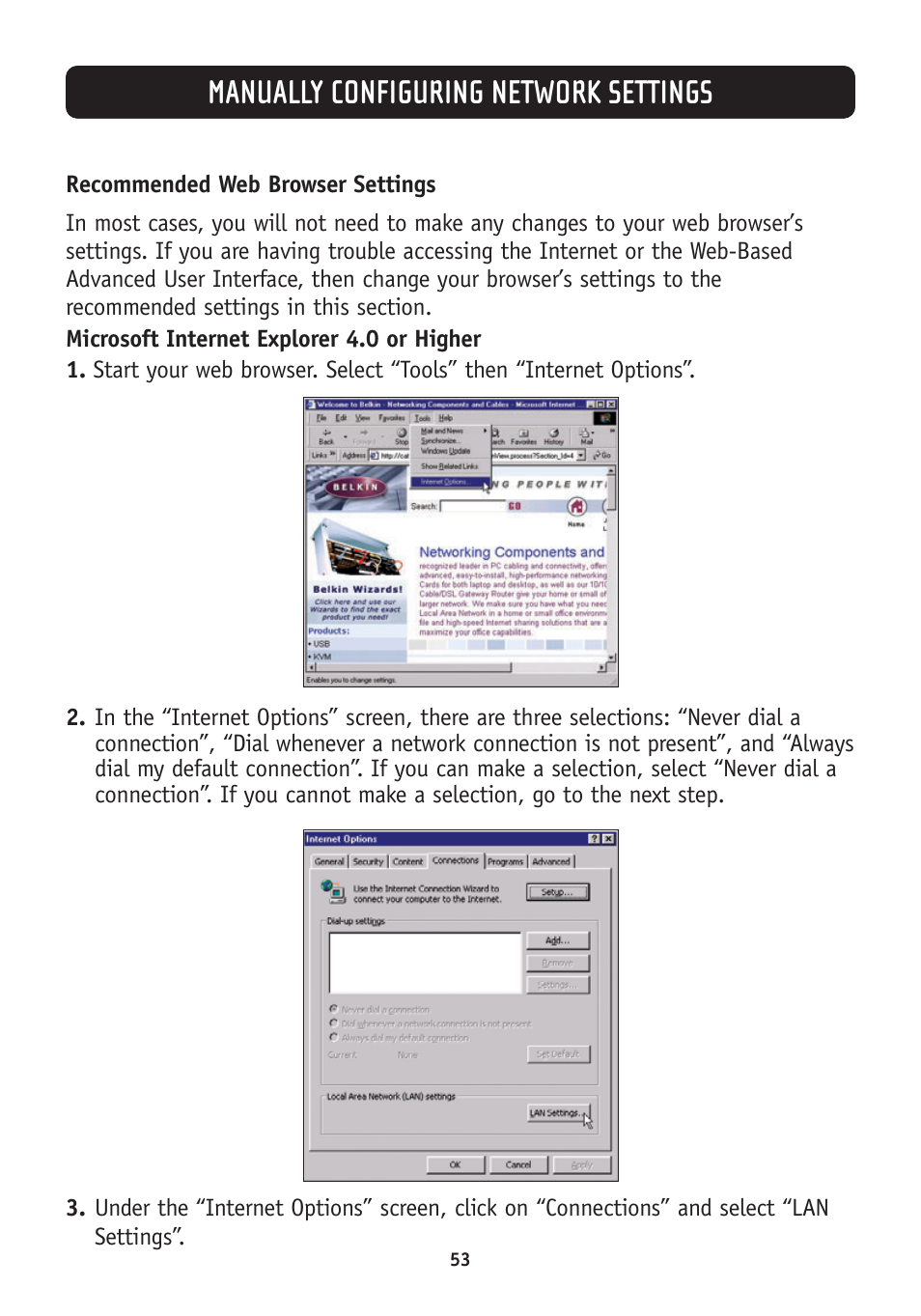 Manually configuring network settings | Belkin F5D7630-4A User Manual | Page 55 / 68