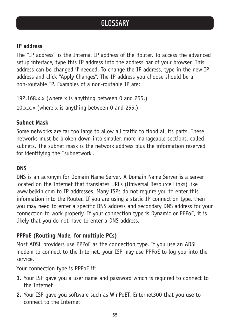 Glossary | Belkin F5D7630-4A User Manual | Page 57 / 68