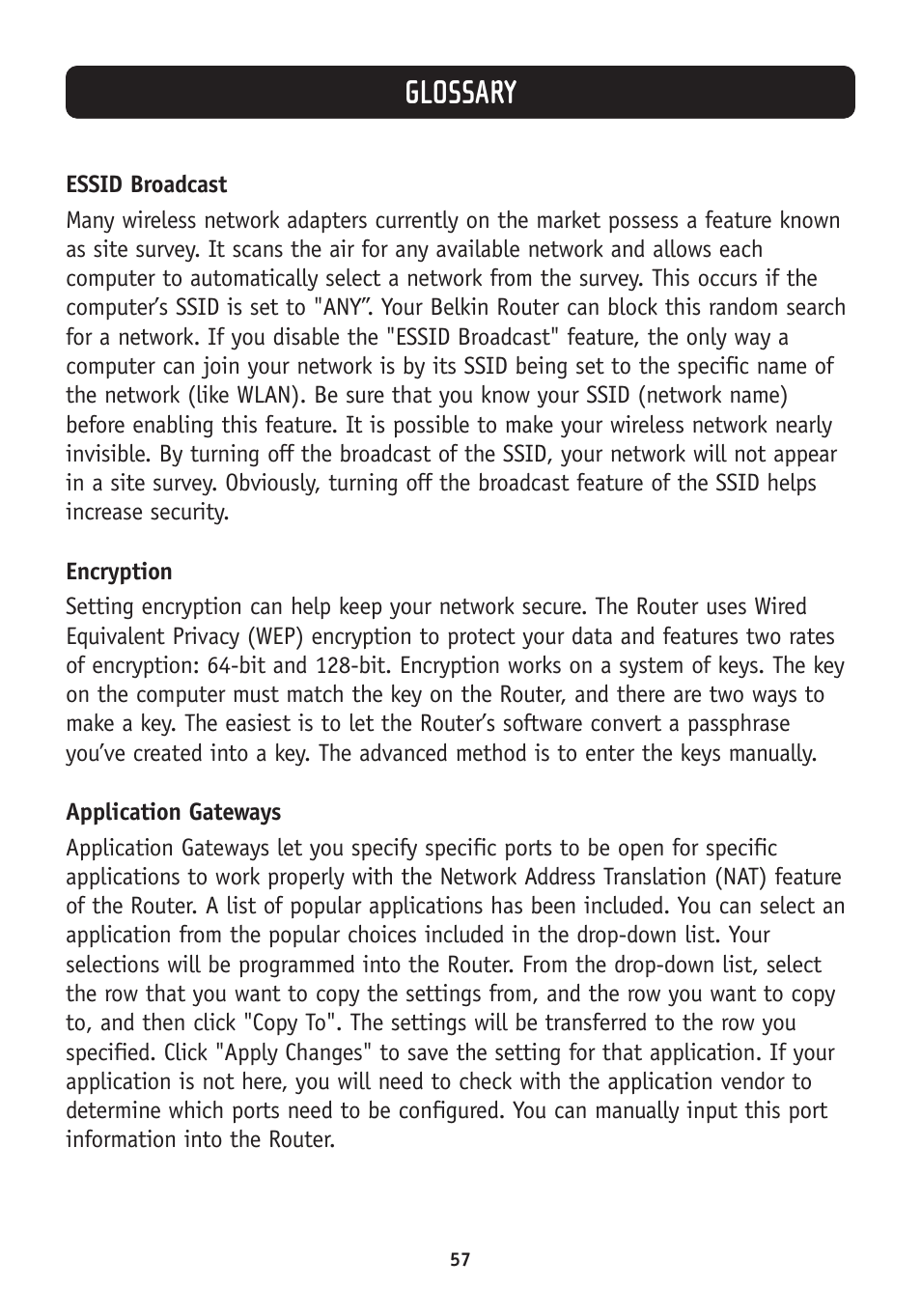 Glossary | Belkin F5D7630-4A User Manual | Page 59 / 68