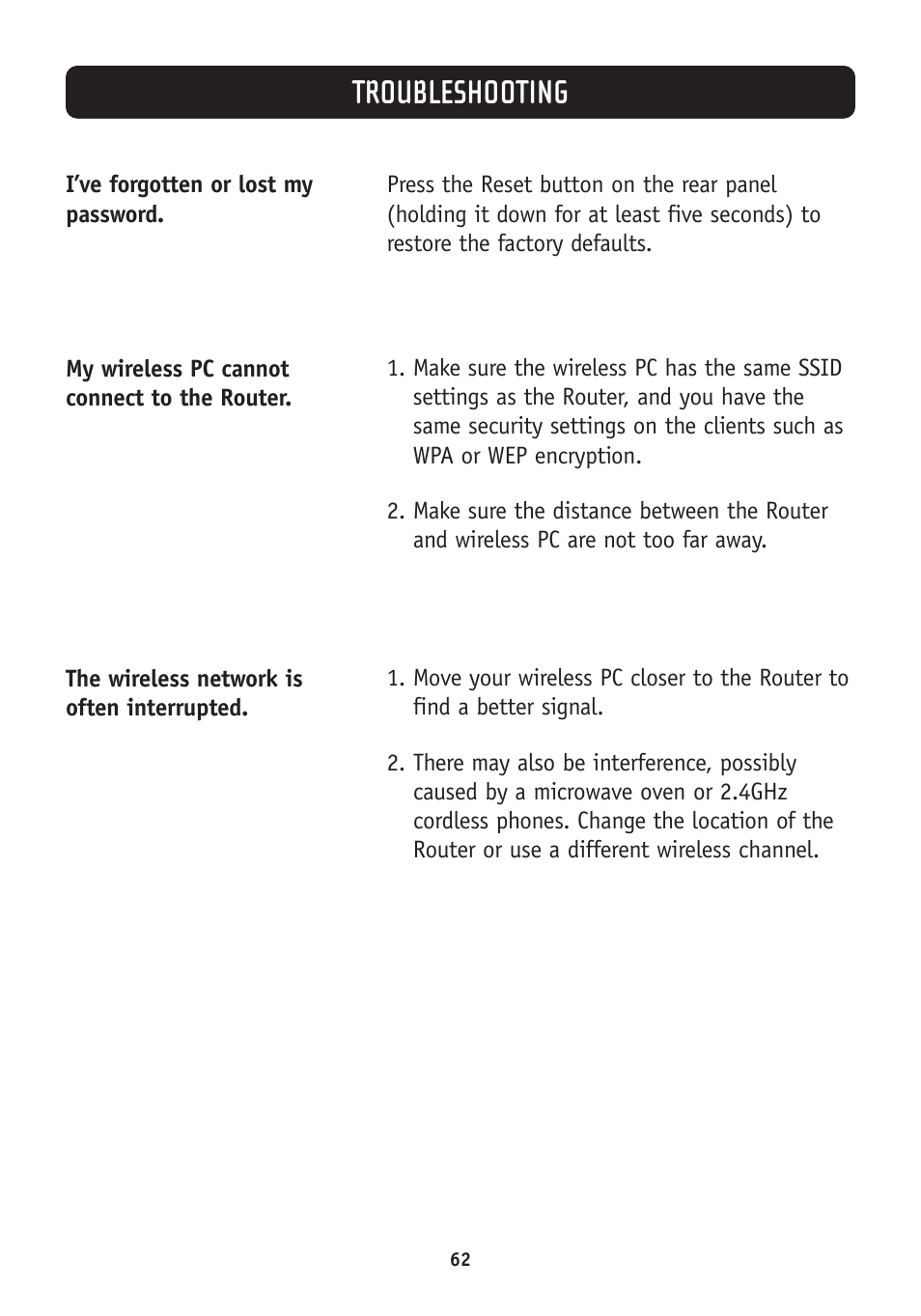 Troubleshooting | Belkin F5D7630-4A User Manual | Page 64 / 68