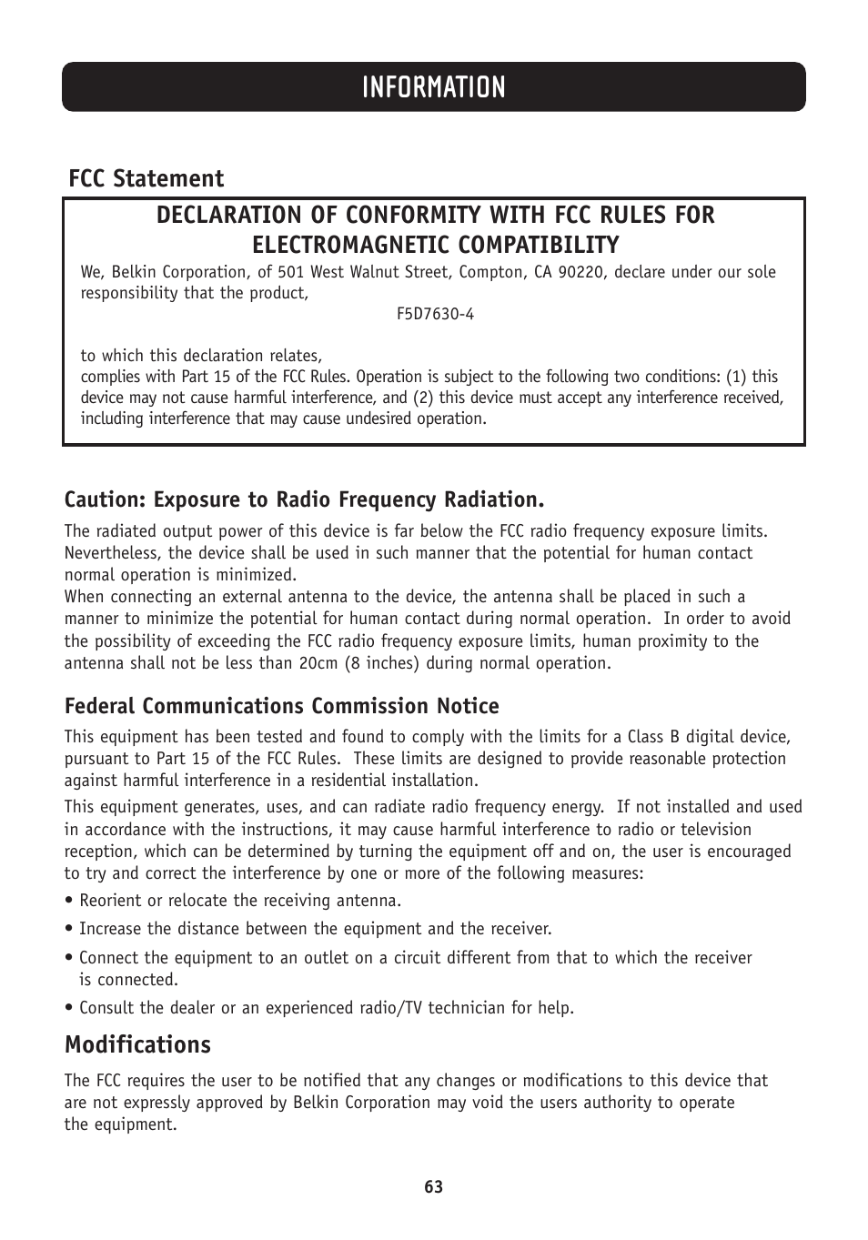 Information, Modifications | Belkin F5D7630-4A User Manual | Page 65 / 68