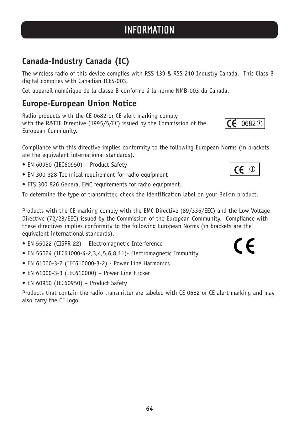 Information, Canada-industry canada (ic), Europe-european union notice | Belkin F5D7630-4A User Manual | Page 66 / 68