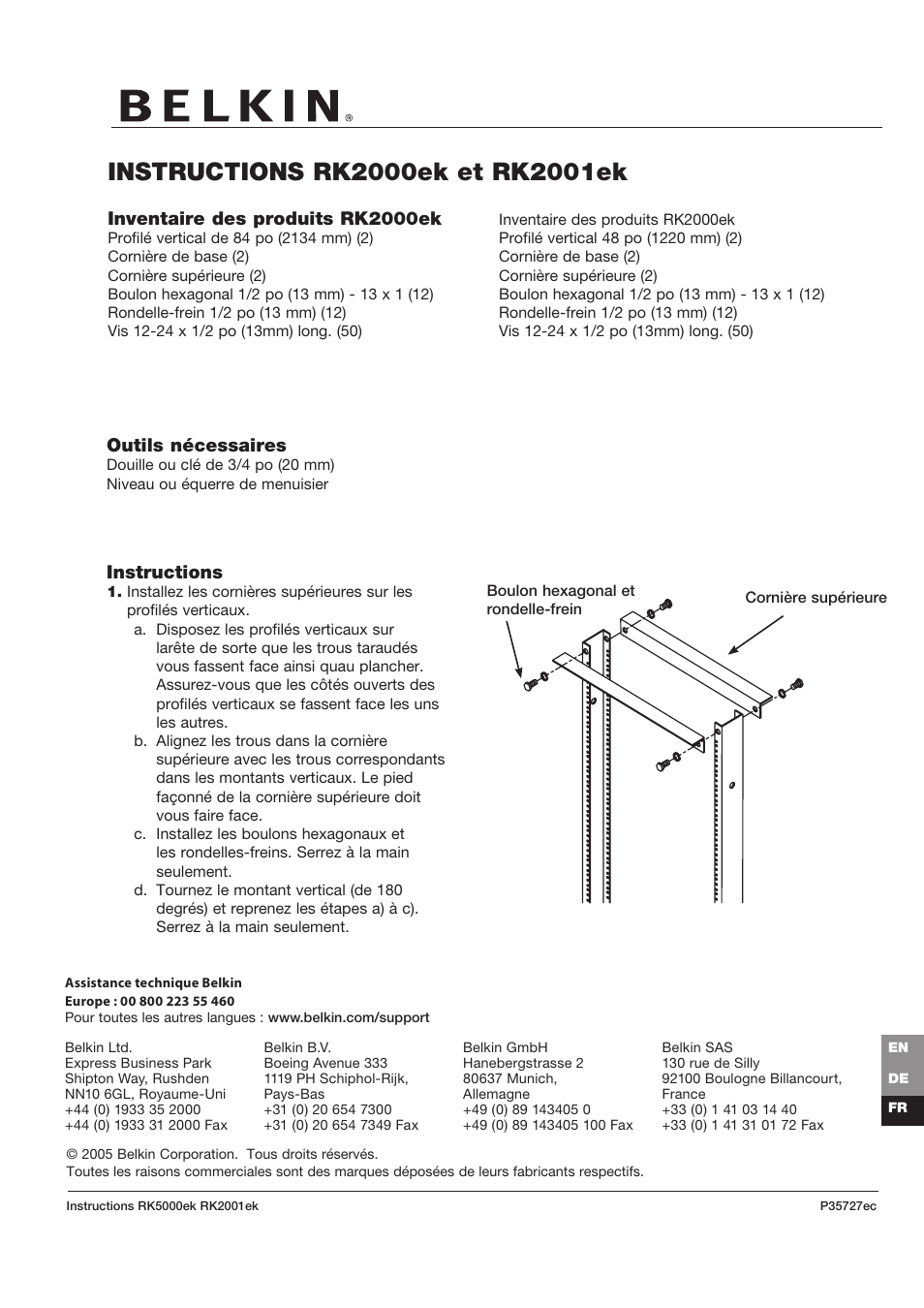 Inventaire des produits rk2000ek, Outils nécessaires, Instructions | Belkin P35727ec User Manual | Page 3 / 6