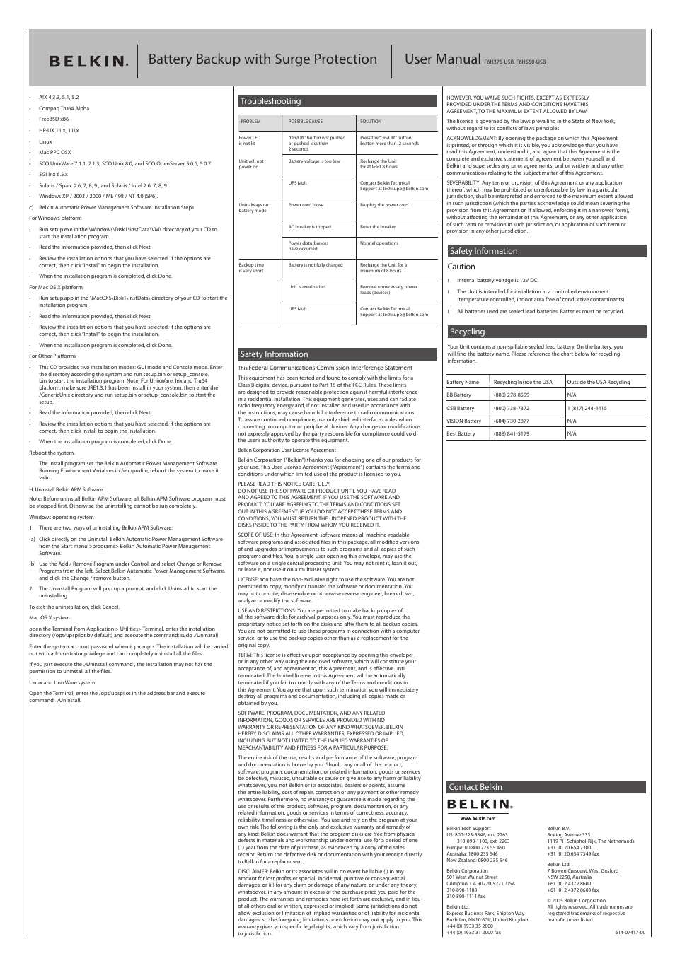 Battery backup with surge protection user manual, Safety information, Safety information caution | Recycling, Troubleshooting, Contact belkin | Belkin F6H550-USB User Manual | Page 2 / 2